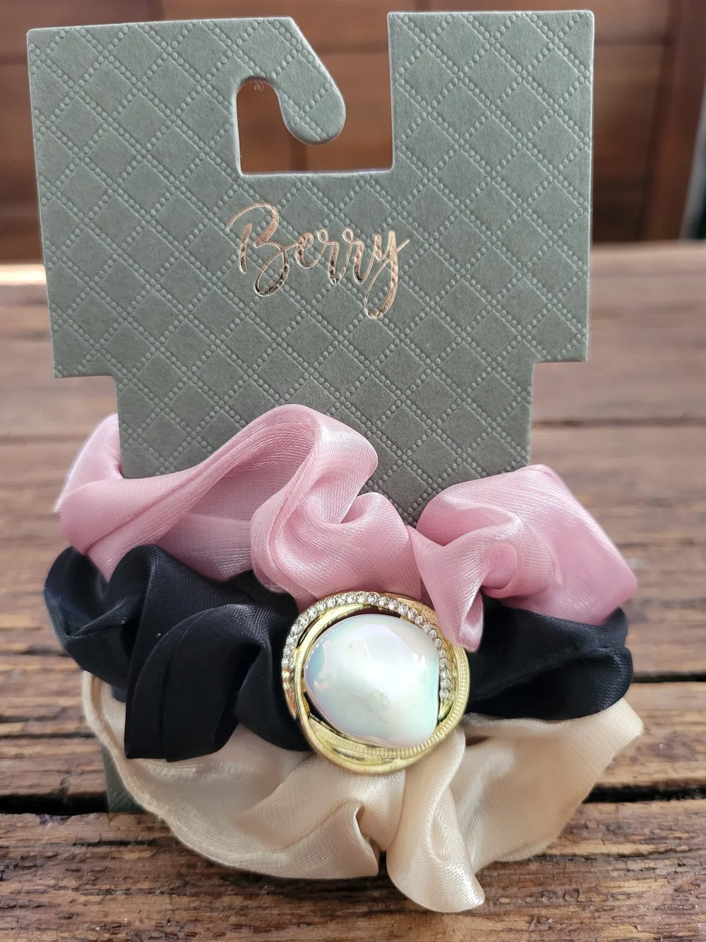 Berry Pink, Black & Cream Pearl Charm Scrunchie Bundle Of 4